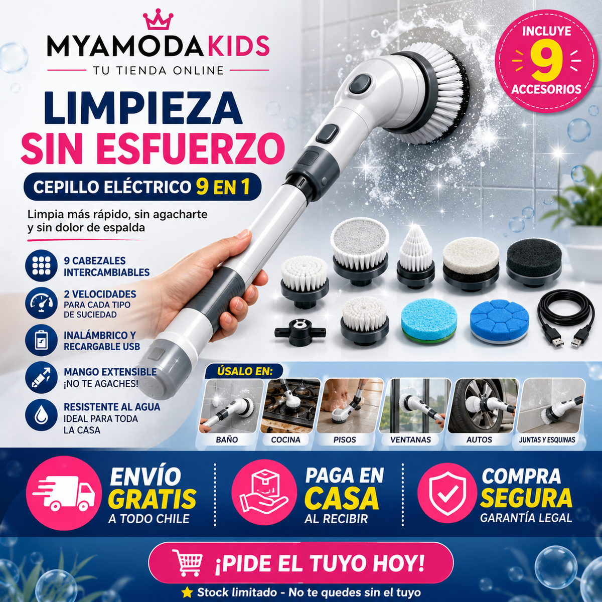 Cepillo Eléctrico Multifuncional 9 en 1 para Limpieza Profunda