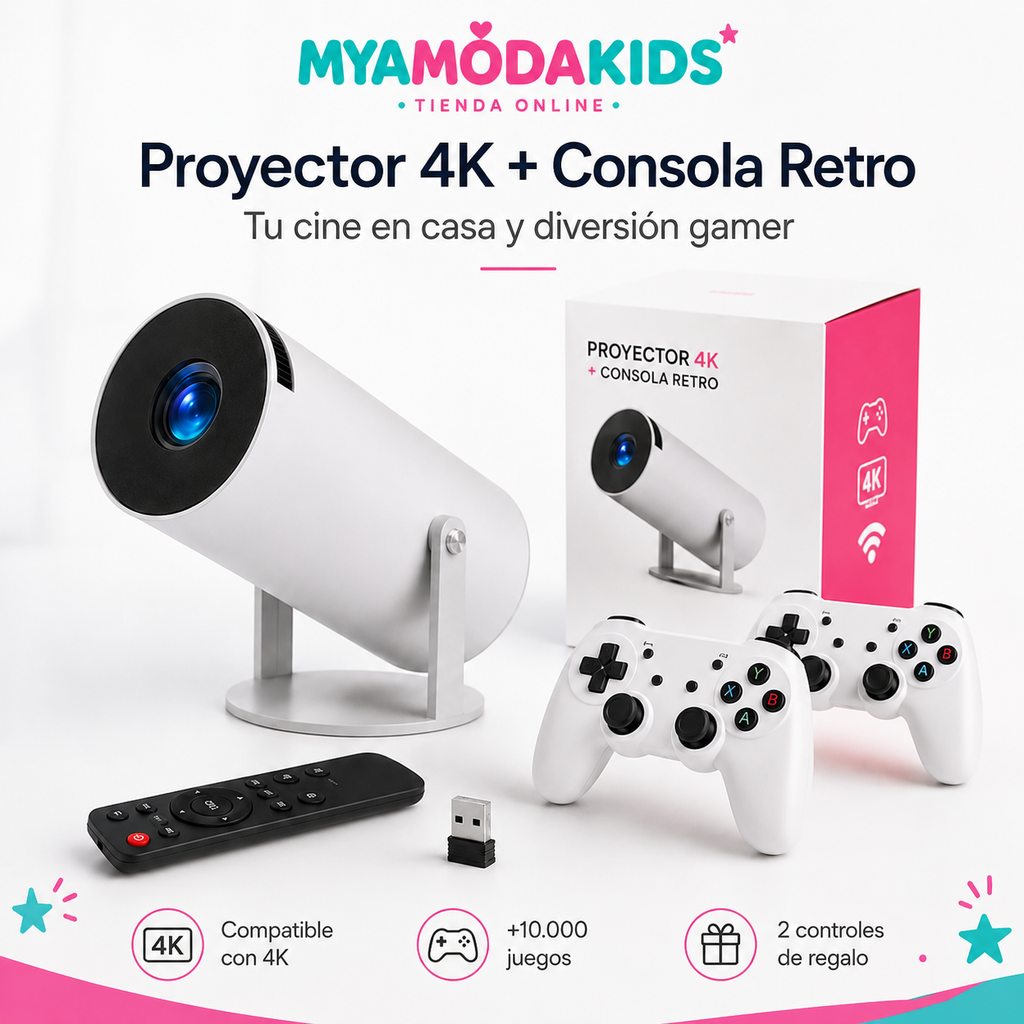 Proyector 4K + Juegos arcade y 2 Controles de Regalo