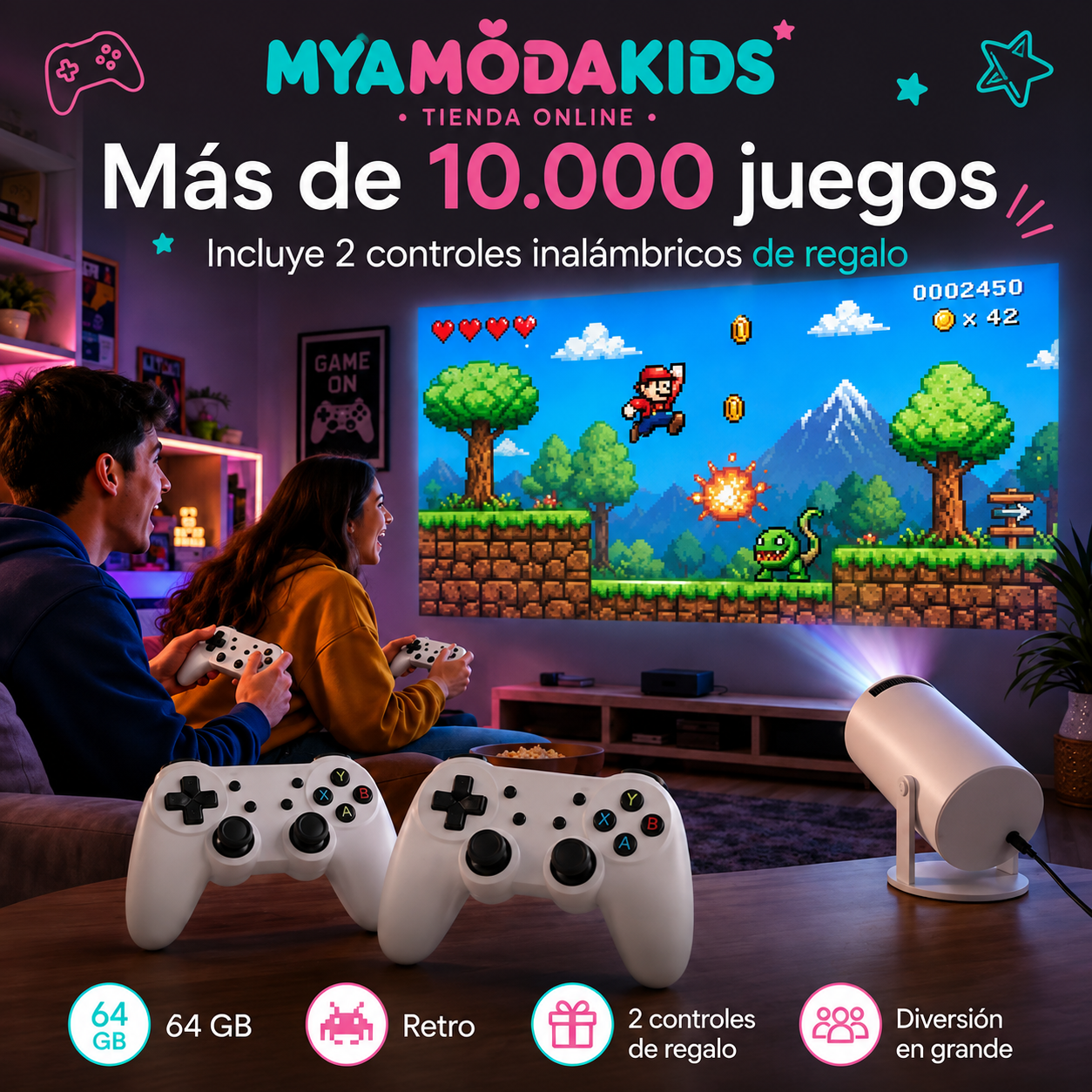 Proyector 4K + Juegos arcade y 2 Controles de Regalo