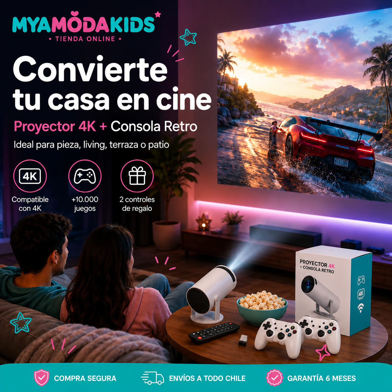Proyector 4K + Juegos arcade y 2 Controles de Regalo